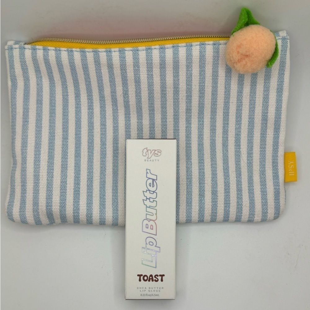 tys Beauty Lip Butter in Toast with Peach Stripped Makeup Bag